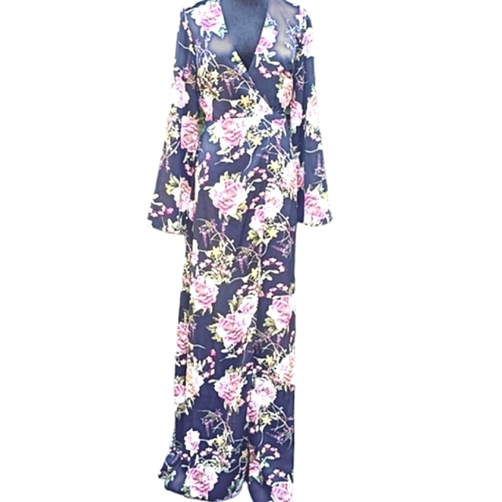 NEW ASOS Parisian Black Mauve Floral Satin Wrap Maxi Dress Side Tie Slit Size 4